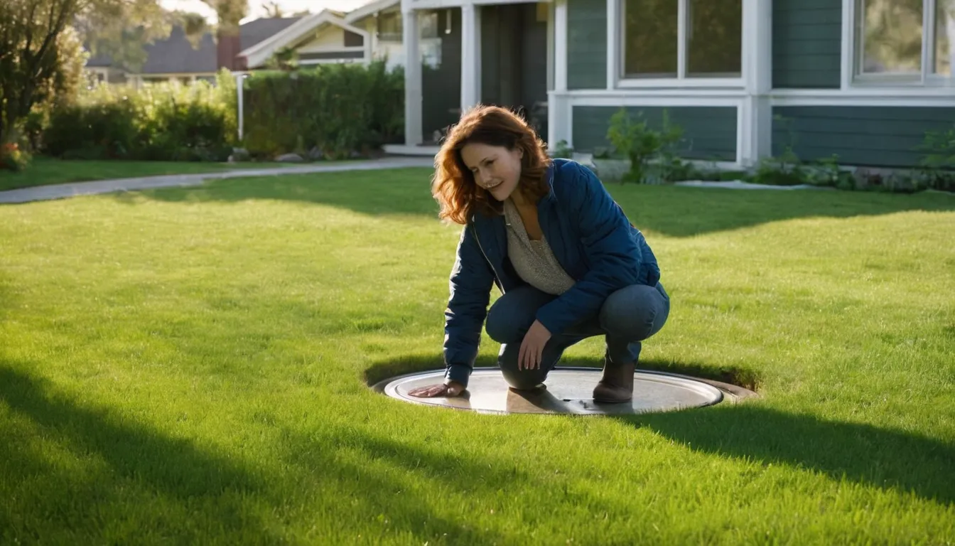 A homeowner checking the lawn near a septic tank lid in Marine on St. Croix