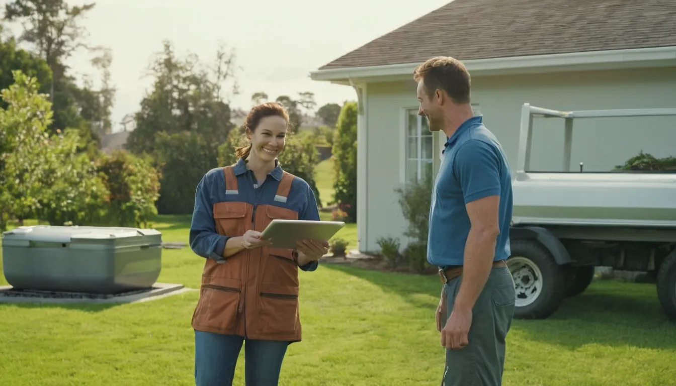 Friendly septic repair provider talking with a homeowner beside an open septic tank access lid in a Marine on St. Croix backyard